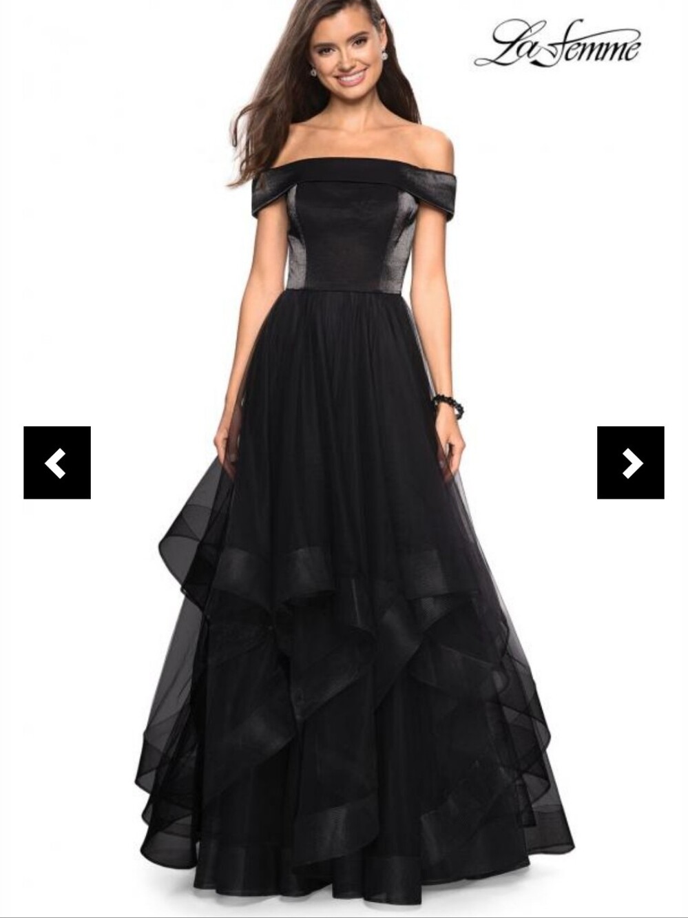 Size 4/6 Black off Shoulder Evening Gown w/ Tulle Tiered Full Skirt By La Femme